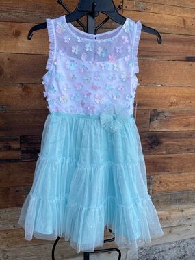 Jona Michelle Pastel Blue Tulle Flower Appliqué Dress